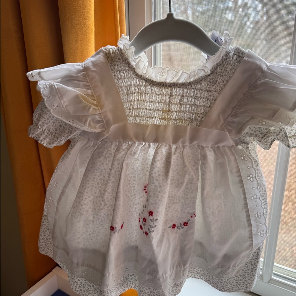 90/ Vintage White Baby Dress with Floral Embroidery